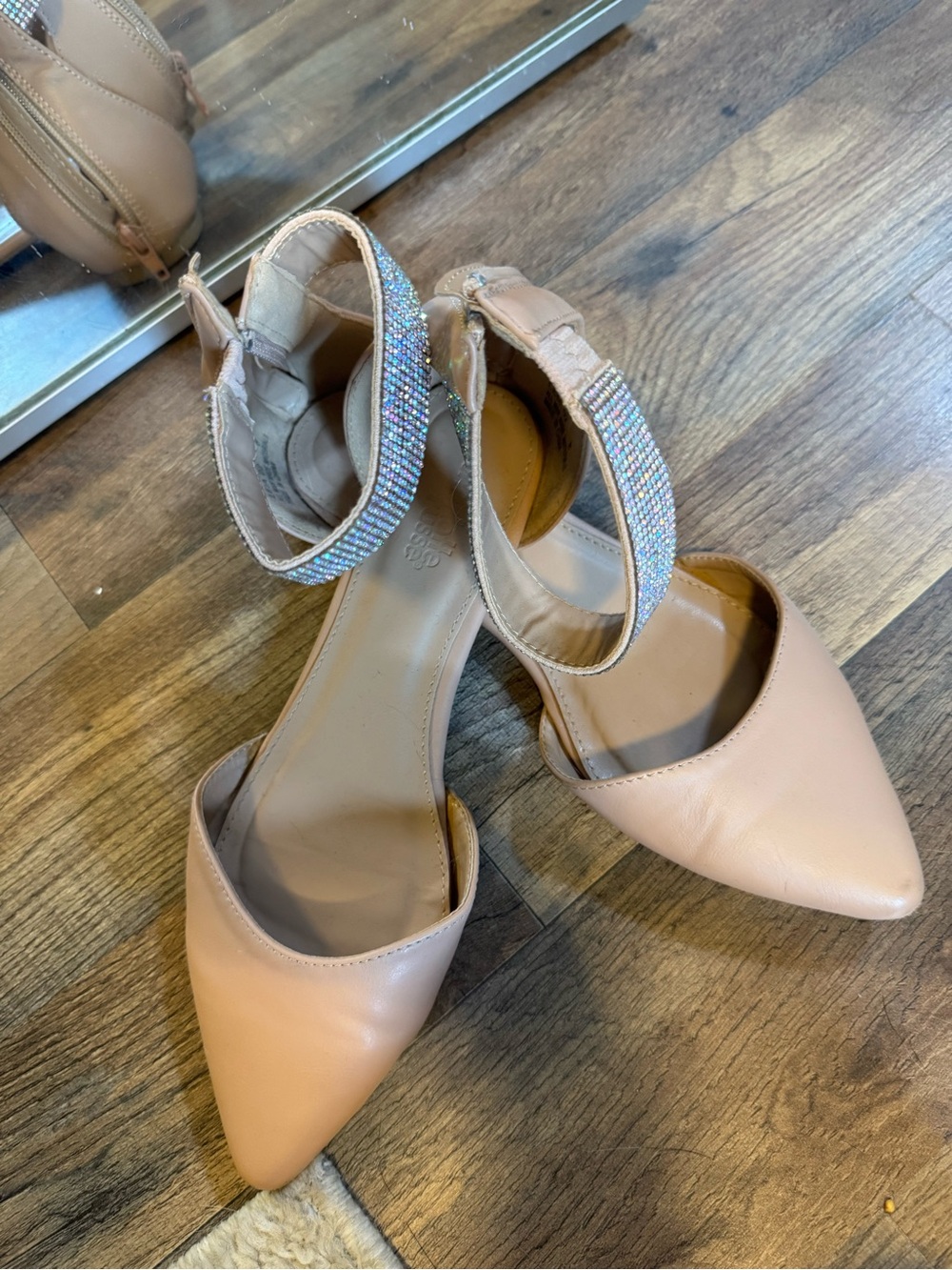 Women's Nude Pointed Toe Ankle Strap Flats with Rhinestone Detail